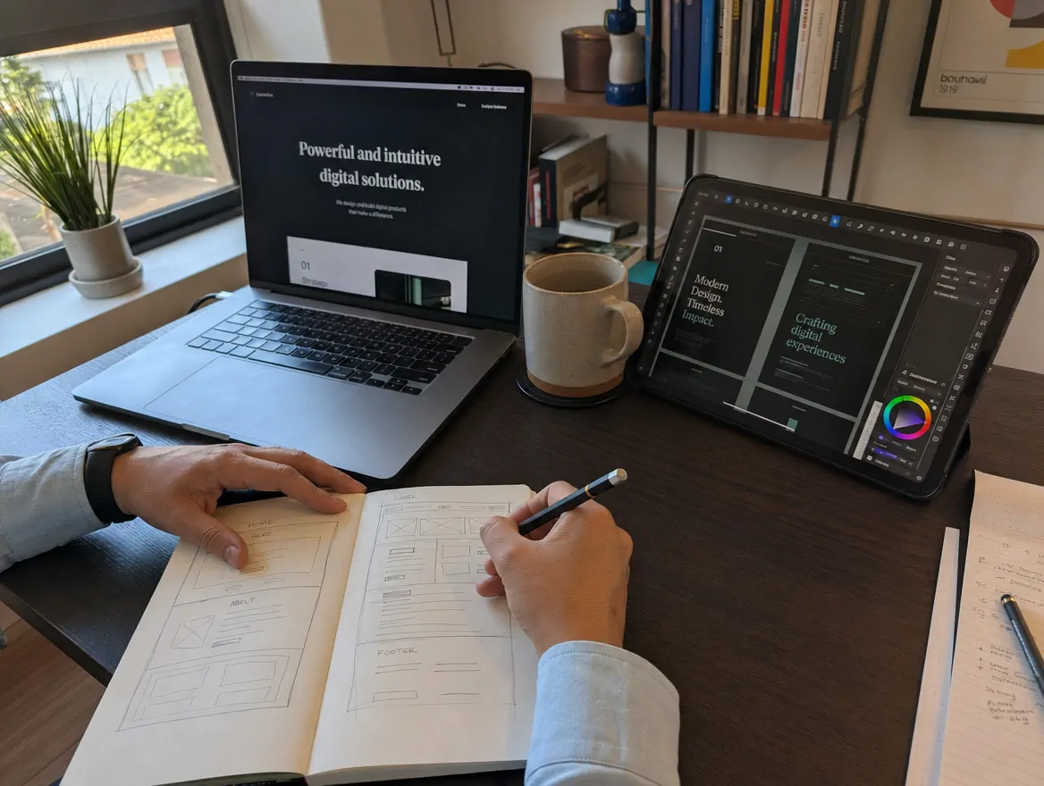 Escritorio de diseñador web en El Salvador con bocetos y mockups de un sitio web