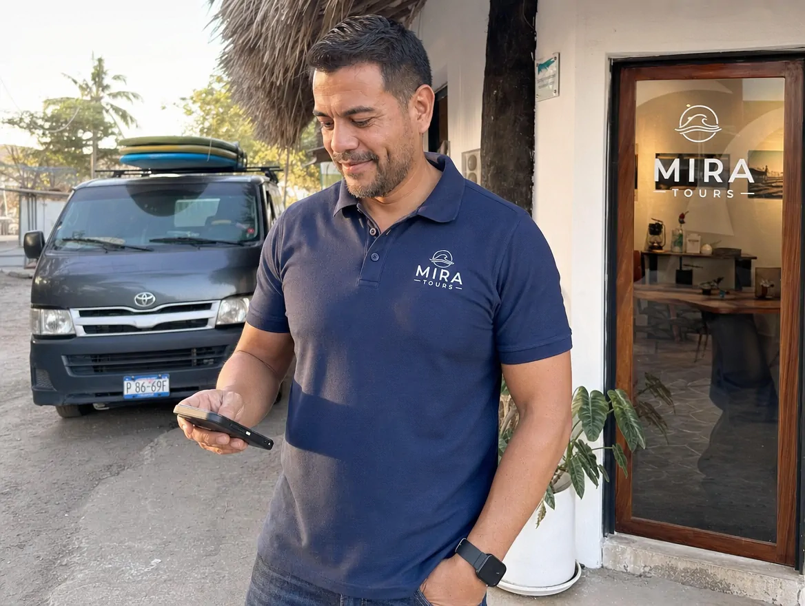 Dueño de tour operadora en El Salvador revisa una nueva reserva desde su celular