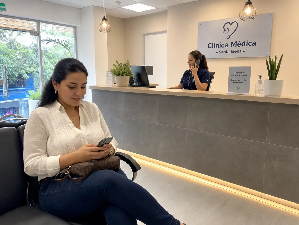 Paciente confirma cita médica desde su celular en sala de espera de clínica salvadoreña