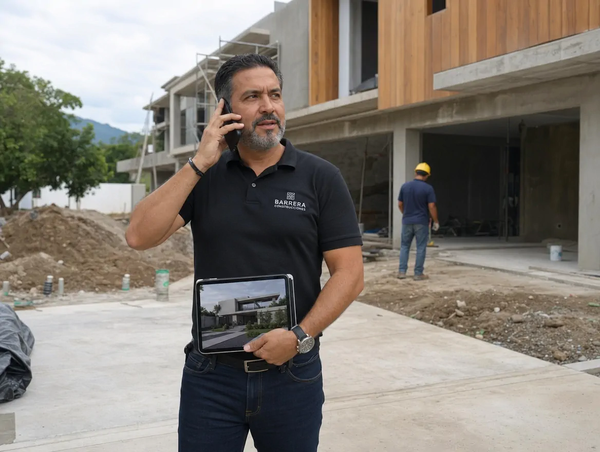 Dueño de constructora en El Salvador revisa proyecto residencial desde su tablet
