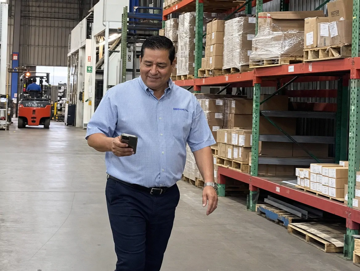 Dueño de empresa industrial en El Salvador supervisa su bodega revisando su celular