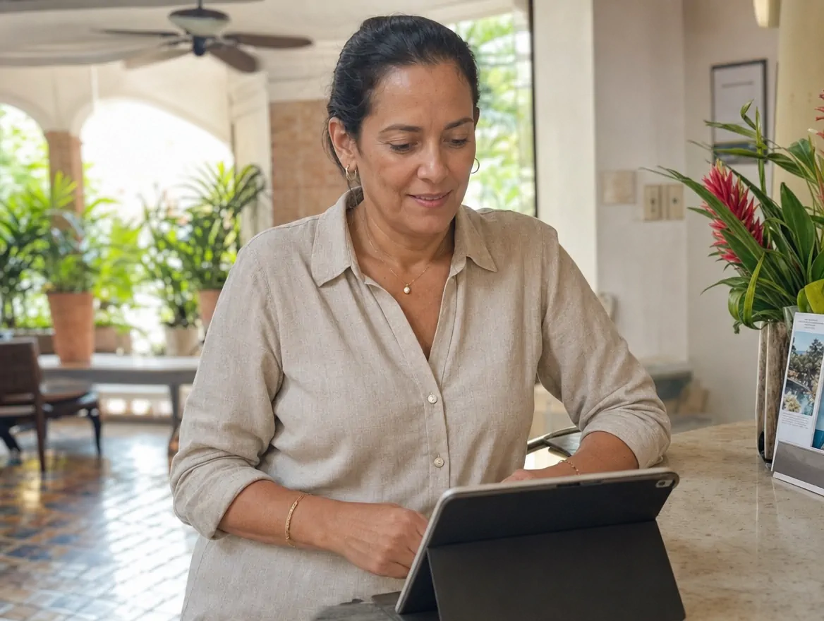 Propietaria de hotel boutique en El Salvador consulta reservaciones en su tablet